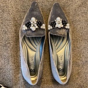 Grey/silver velveteen  with pearl embellishments.